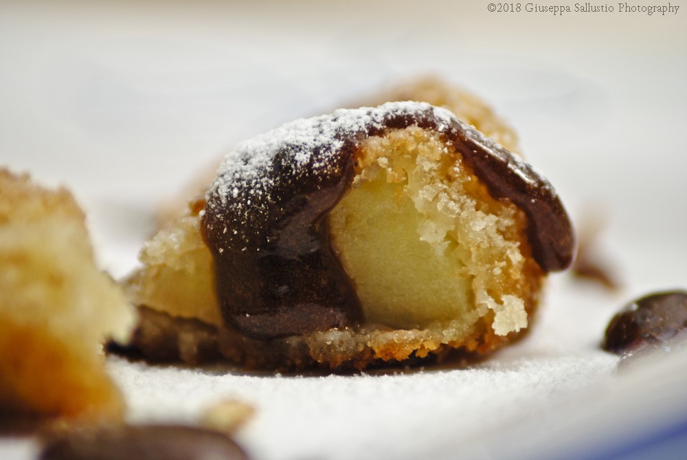 Close up: crisp, soft heart of apple and melted chocolate for your coffee